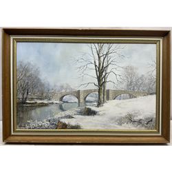 Stephen Maude (British 1919-): 'Barden Bridge Wharfedale in Winter', acrylic on canvas board signed, titled signed and dated 1983, 42cm x 67cm