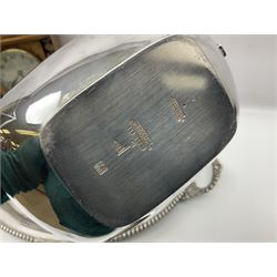 Walker and Hall silver plated tea set, comprising coffee pot, teapot, milk jug and sucrier, together with silver plated tray and a wooden clock with barley twist decoration, clock H28cm