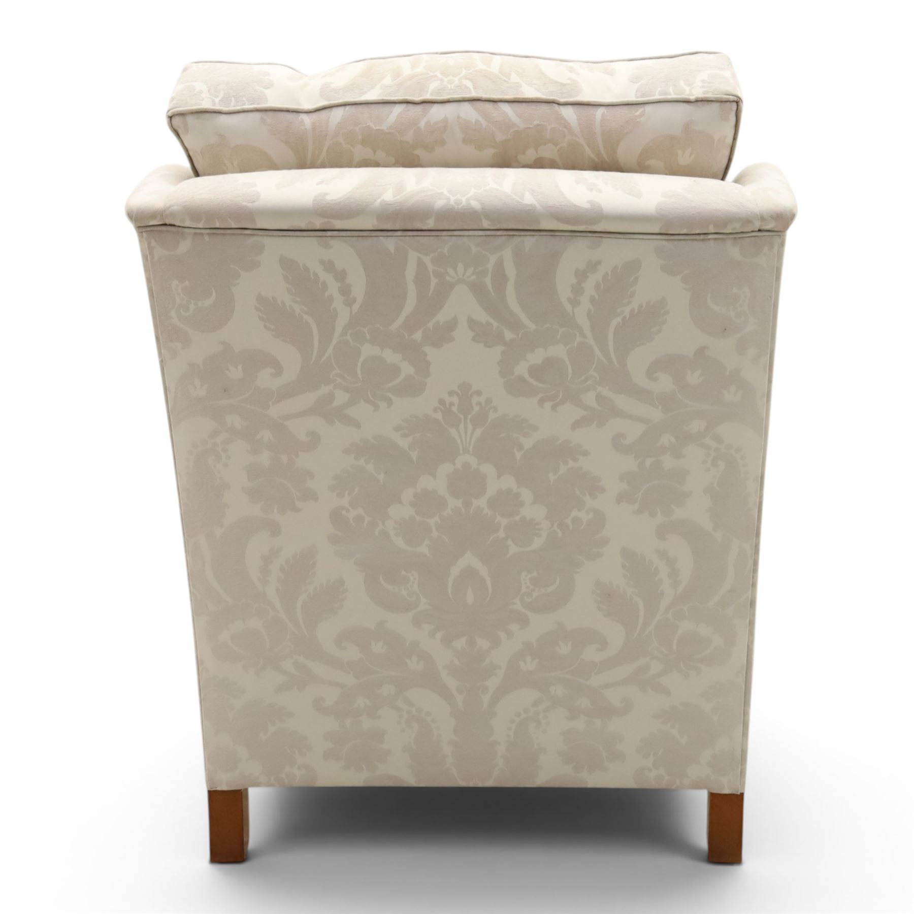 Duresta England - armchair upholstered in beige damask fabric, with deep seat and button back, loose seat cushions with scrolled arms, raised on brass castors