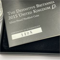 The Royal Mint United Kingdom 2005 one ounce fine silver Britannia coin and 2015 'Britannia's Renaissance' silver proof piedfort two pound coin cased with certificate