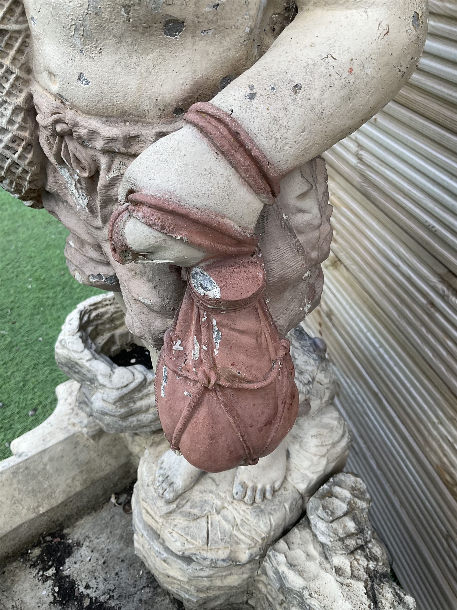 Three section cast stone garden figure of a boy carrying fishing net and a satchel with a water feature together with a cast stone planter on plinth - THIS LOT IS TO BE COLLECTED BY APPOINTMENT FROM DUGGLEBY STORAGE, GREAT HILL, EASTFIELD, SCARBOROUGH, YO11 3TX