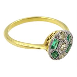 Art Deco old cut diamond and calibre cut emerald target ring, stamped 18ct & PT