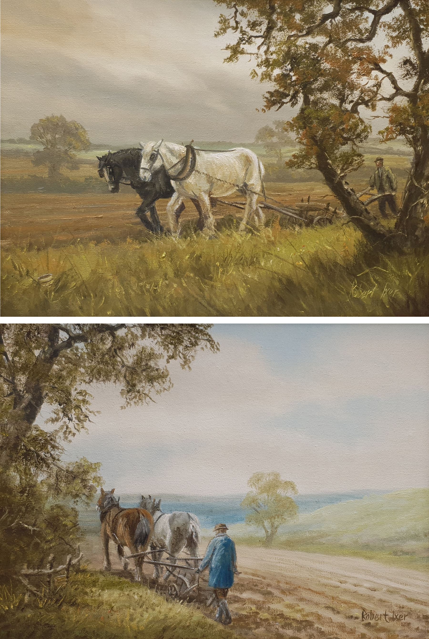 Robert Ixer (British 1941-): Heavy Horses Ploughing, pair oils on canvas signed 30cm x 40cm (2)