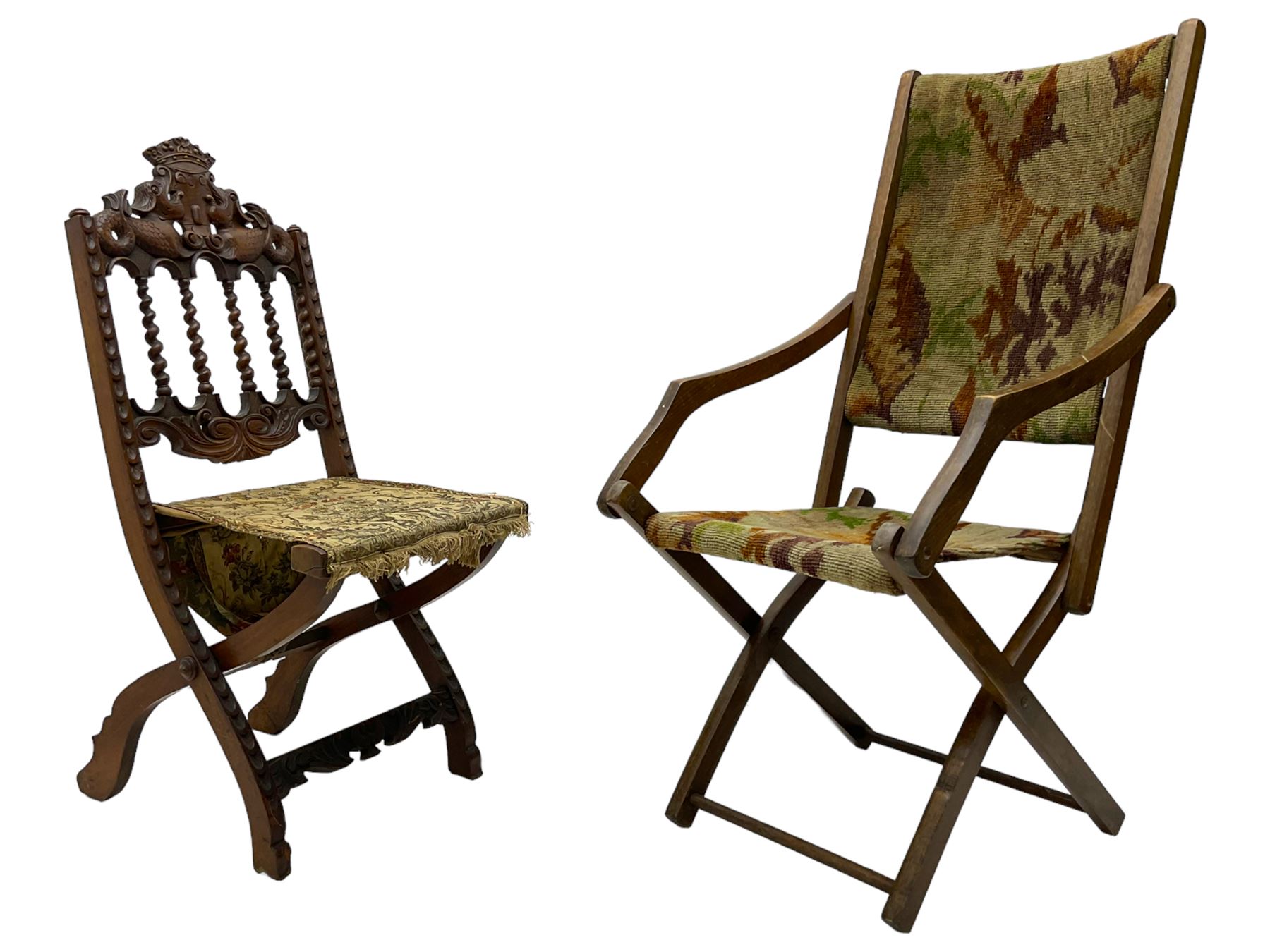 19th century carved mahogany folding chair, cresting rail carved with two stylised fish flanking a crown, spiral turned spindle supports over tapestry seat (W37cm H89); and another folding chair (W46cm H100cm)