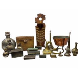 Collection of metalware, including a set of three moon flasks, a collection of metal tins, a jam pot etc. 