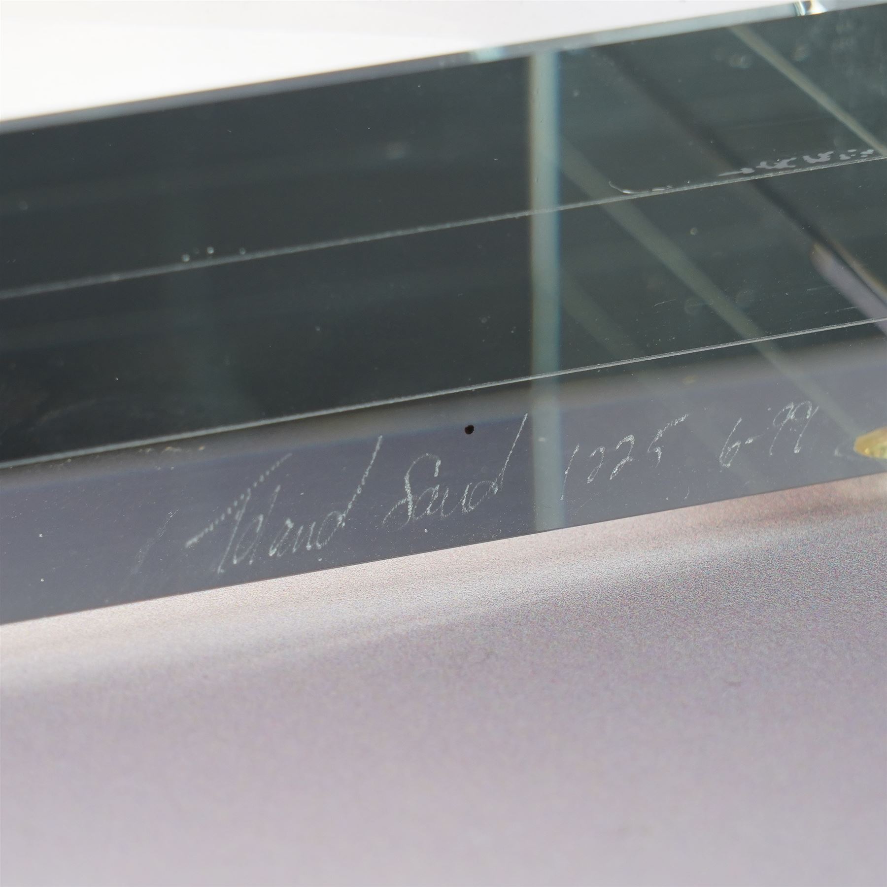 Toland Sand (American Contemporary): The Wedge - sculptural form made from cut, ground, polished and laminated optical glass with dichroic glass inclusions, signed and numbered 1225, 6-99. H39cm