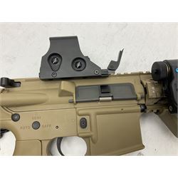 Combat Machine lithium battery powered airsoft BB rifle, 'Complete AEG Series' to fire 5mm pellets, with adjustable length stock L69cm non-extended; with six magazines, Trijicon ACOG red dot telescopic sight, battery charger etc (NO BATTERIES)