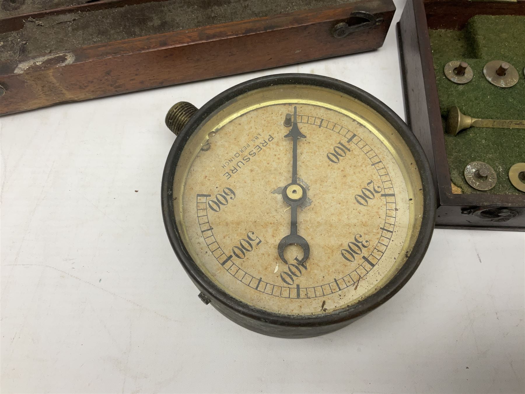 Three hydrometers, including examples by Allan and Clarke, all boxed, together with a blow torch, air sprayer, burned and a pressure gauge