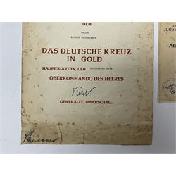 Three German documents dated 1942 - Gold Cross award to Major Ludwig Osterkampf; and Crete wound certificate and cuff title certificate awarded to Feldwebel Alfred Glaise; all unframed (3)