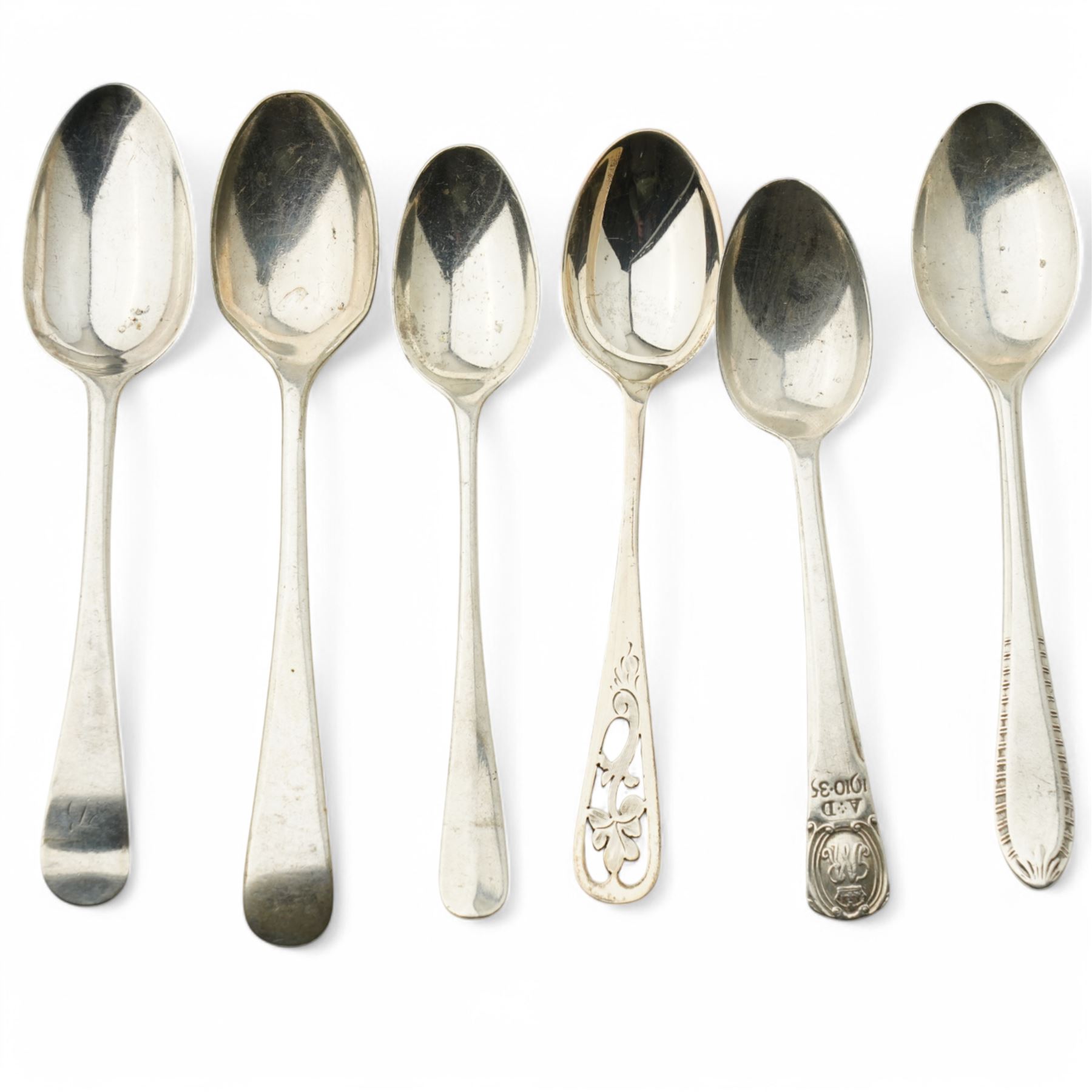 Set of six Edwardian silver coffee spoons London 1902 Maker Josiah Williams & Co, various other silver teaspoons, preserve spoons with mother of pearl handles, silver and mother of pearl fruit knife, early 19th century punch ladle, unmarked, etc