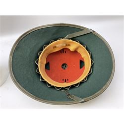 Five reproduction German WW2 hats comprising Wehrmacht olive tropical helmet, Heer officer's peaked cap, two M43 caps and Field side cap (5)