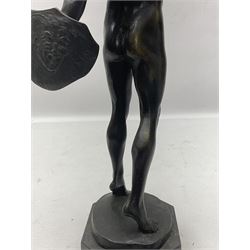 After Franz Iffland, bronzed figure, modelled as a man with fist raised holding a shield, signed to base, upon an octagonal base, H37cm