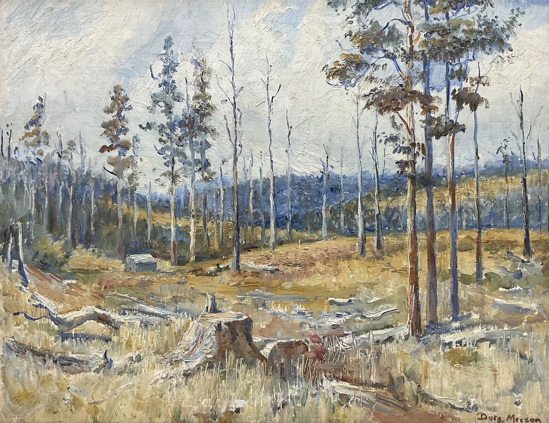 Dora Meeson Coates (Australian 1869-1955): 'A Fresh Clearing Australia', oil on board signed, titled verso on artist's Chelsea address label verso 40cm x 50cm 
Provenance: exh. W.I.A.C., label verso
Notes: Meeson was elected member of the Royal Institute of Oil Painters in London. She was also a member of the British Artists' Suffrage League