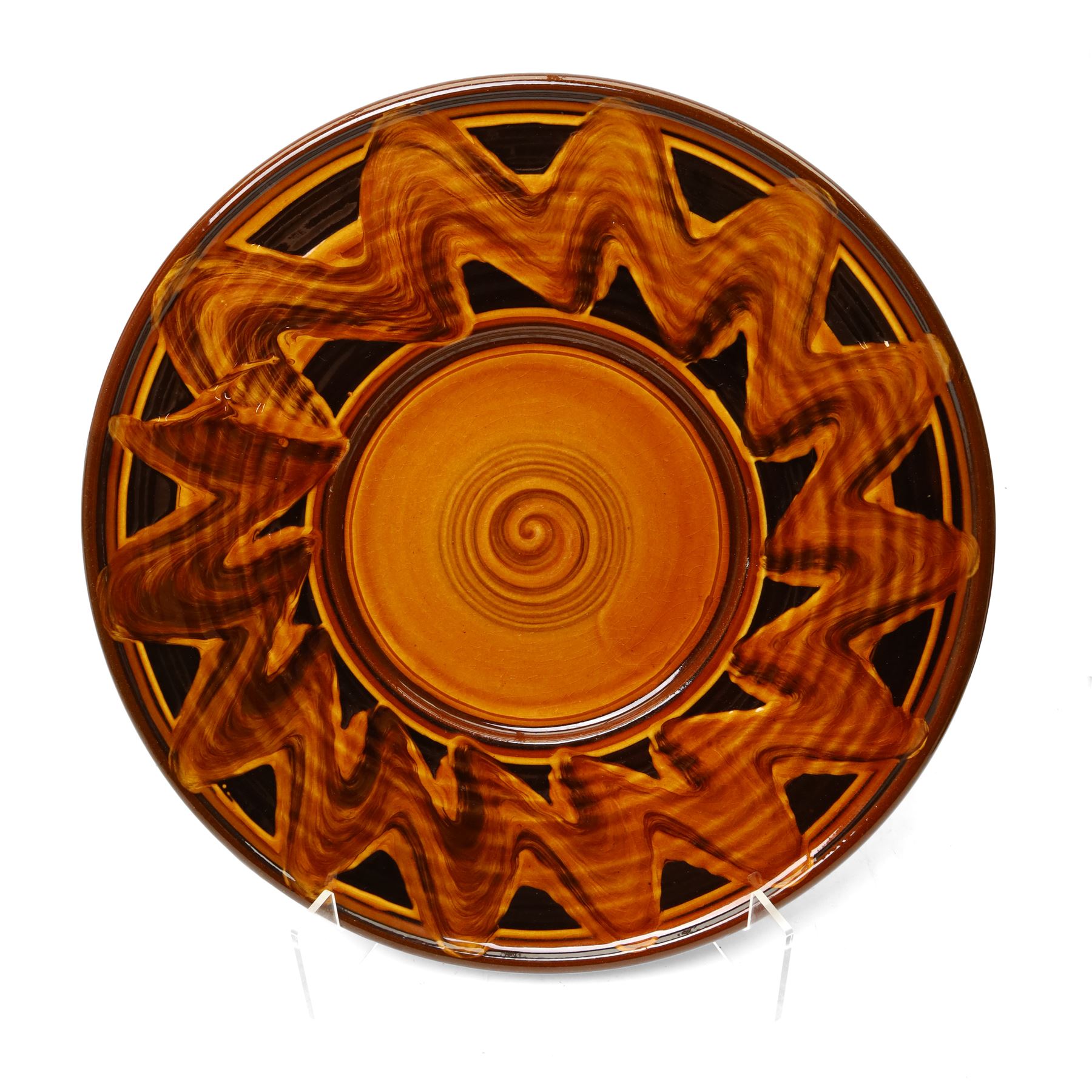 Clive Bowen (1943-): Large slipware charger, in black and orange glazes, unmarked D50cm