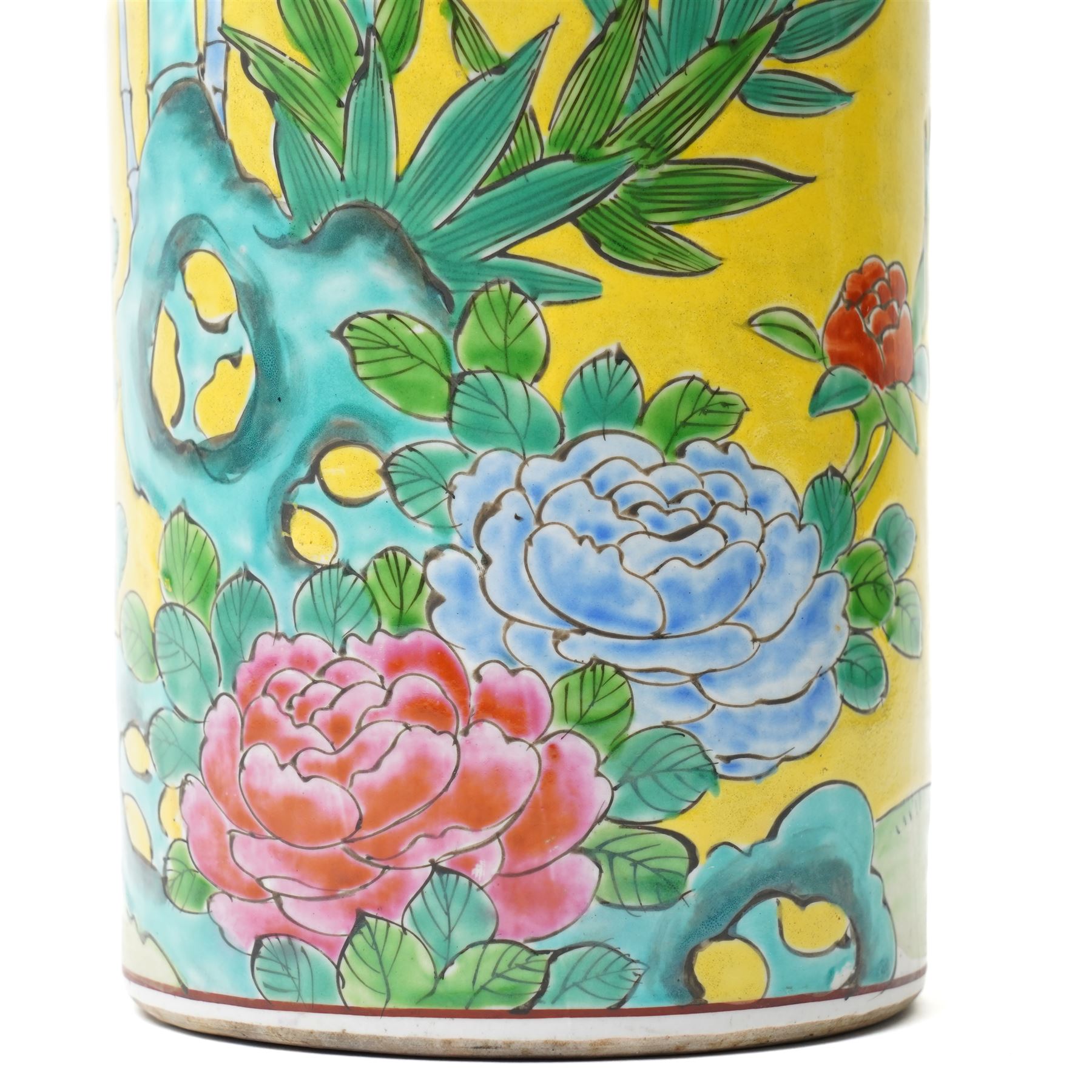 Chinese famille jaune spill vase, decorated with birds and flowers, mark in red to base, H24cm