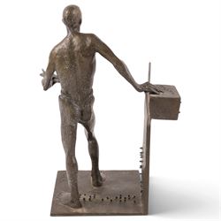 Modernist School (mid-20th century) - bronze cast sculpture depicting a blind man resting on a stand, holding a book and cane with braille detail, signed Lei, dated 2000 and edition 13 H33cm