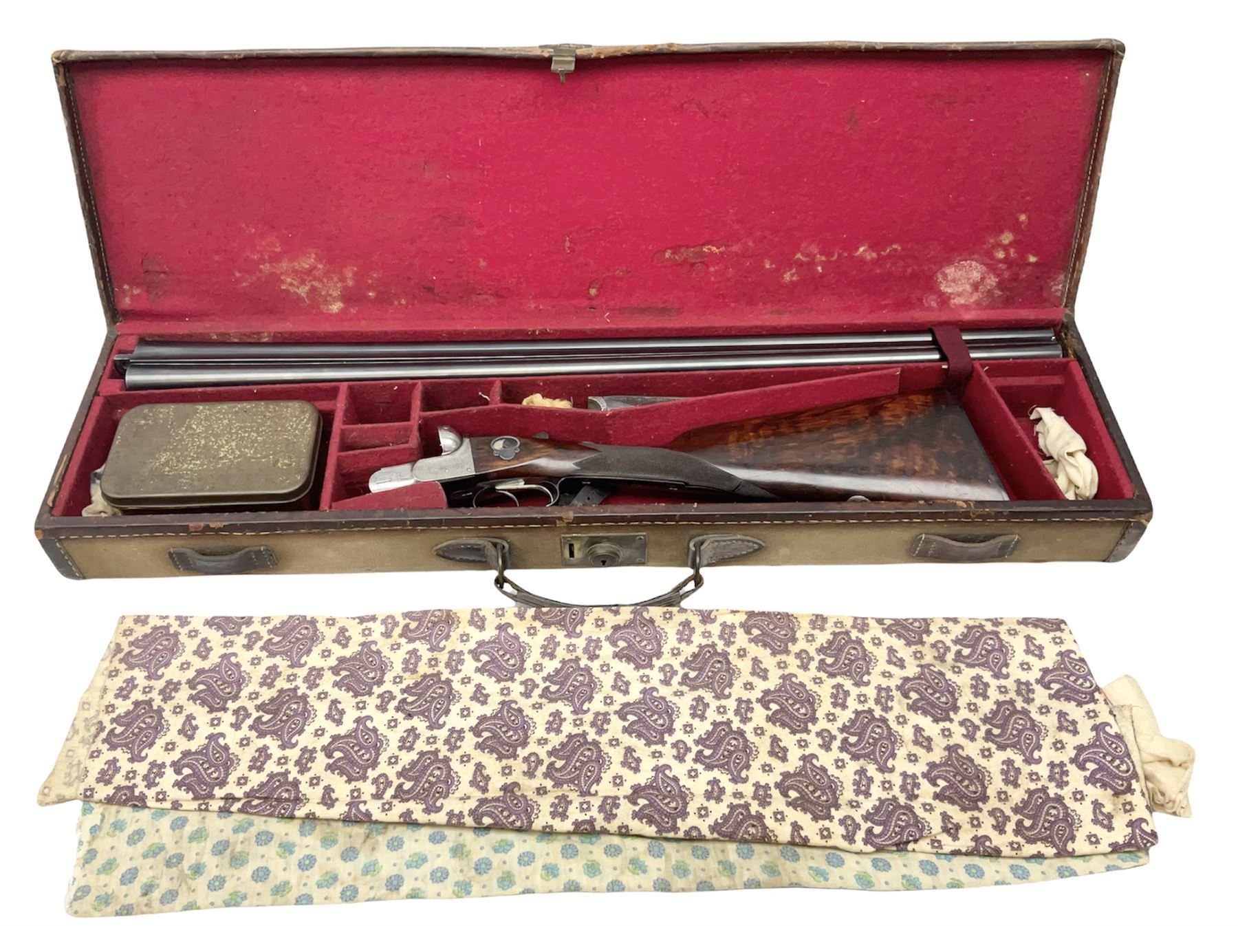 W.W. Greener 12-bore side-by-side double barrel non-ejector shotgun, with 76cm barrels, side safety, engraved lock, figured walnut stock with chequered grip and fore-end, no.33408, 120.5cm overall; in fitted canvas covered case with tools and accessories including .22 12-bore dog training device. SHOTGUN CERTIFICATE REQUIRED.