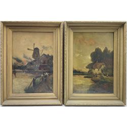 Dutch School (19th/20th century): Flatland Scene with Figure in Dutch Hat and Windmill River Scene Scene with Ships, two oils on canvas unsigned 45cm x 30cm (2)