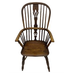 19th century elm and ash Windsor armchair, high back with crinoline stretcher