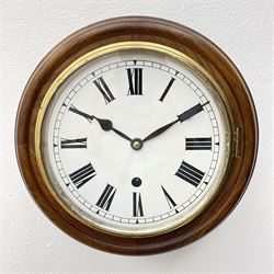 Small circular elm cased wall clock, white enamel Roman dial, single train driven movement