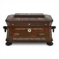 Tea caddy of sarcophagus form, inlaid with mother of pearl decoration,  the hinged lid ope...
