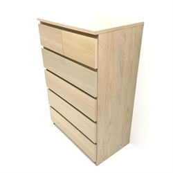 Ikea light oak chest, two short and four long drawers, plinth base, W81cm, H123cm, D48cm