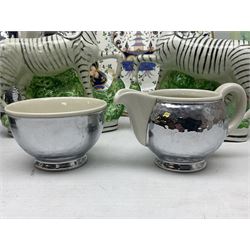 Stayhot teapot and coffee pot, with silver plate clad ceramic bodies, together with another similar coffee pot, jug and sucrier, Staffordshire style flatback figures comprising pair of zebras and cavalier type figure, Melba Ware woodland jug etc