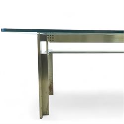 Carlo Scarpa for Studio Simon – 1970s Italian design dining table, the rectangular clear glazed top resting on a brushed steel and aluminium architectural base, with exposed bolt details and angled legs, maker's label with the designer's signature