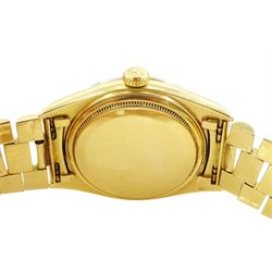 Rolex Oyster Perpetual Day-Date gentleman's 18ct gold automatic wristwatch, circa 1970, Ref. 1803, serial No. 2492514, champagne dial with after market diamond dot hour markers and diamond set bezel, on 18ct gold President bracelet, with fold-over clasp, boxed