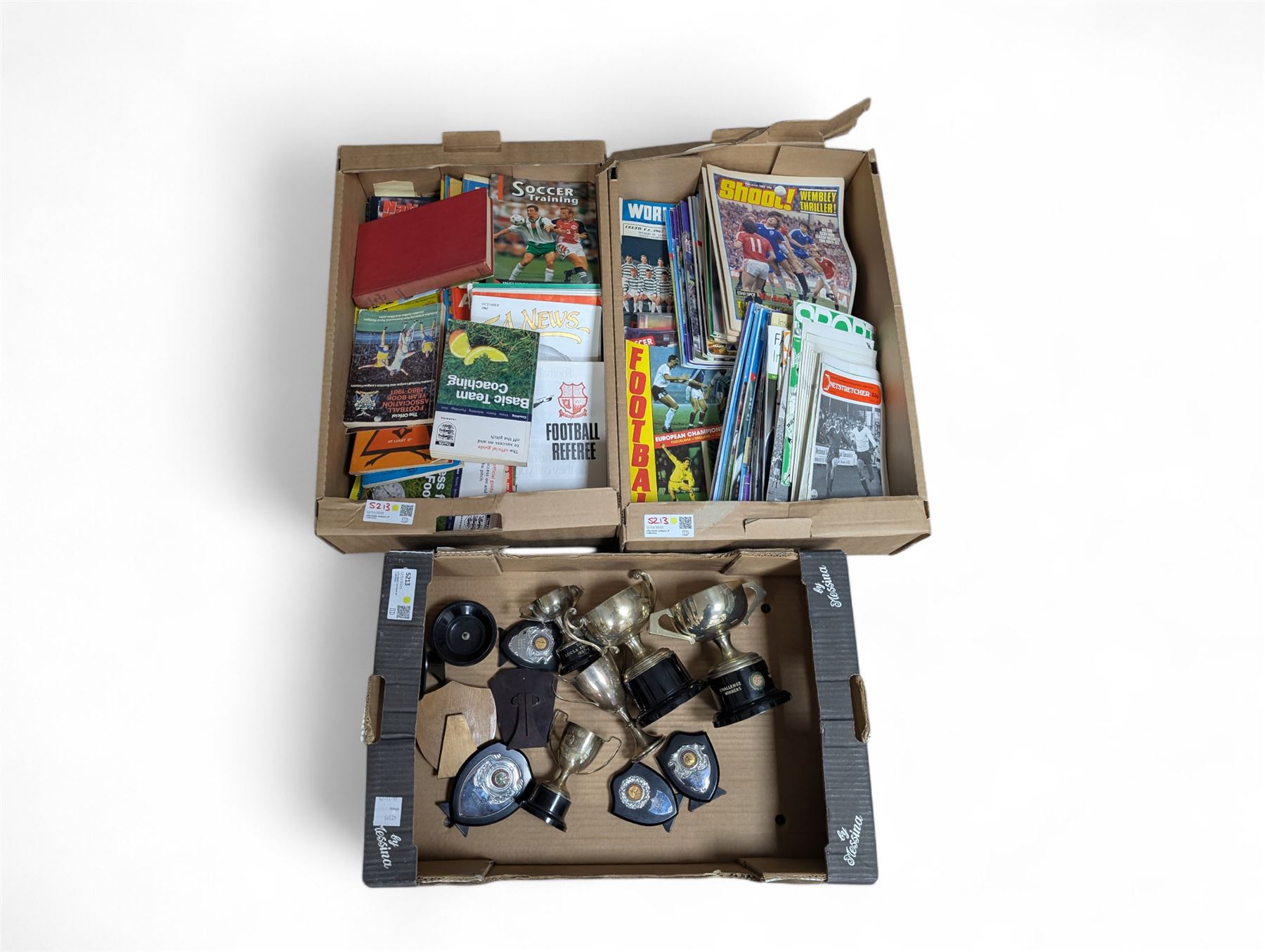 1950s and later cricket and football trophy cups and plaques, including six 1950s Leicester & Rutland Football League and Challenge Cup silver plated trophy cups and plaques, from the estate of former Leicester City player Colin Appleton, LT Shipman's CC Winners Carpenter Cup & Shipman Cup 1954 trophy, Shipman's Cup 1956 and The Filbert's Winners 1956 SWBCC plaque, together with a collection of 1950s and later football magazines, including North West Soccer Coaching, FA News, Football Association Insight Coaching, The Referee's Association, Sport & Recreation, Shoot, Goal, World Soccer, Netstretcher, etc
