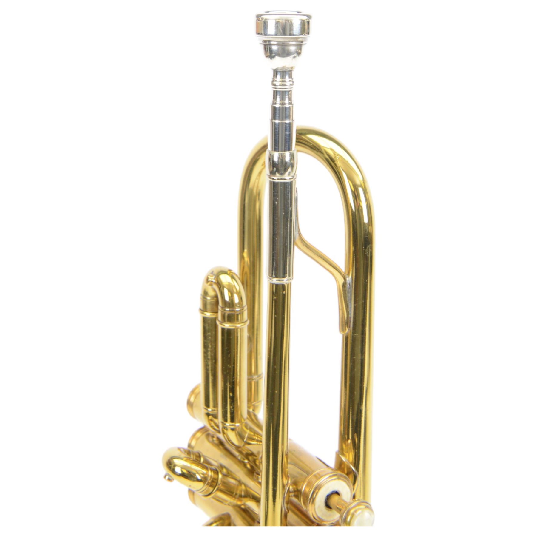 Besson brass trumpet, with three piston valves and finger hook, heavily lacquered finish with mouthpiece, within a velvet lined hard case
