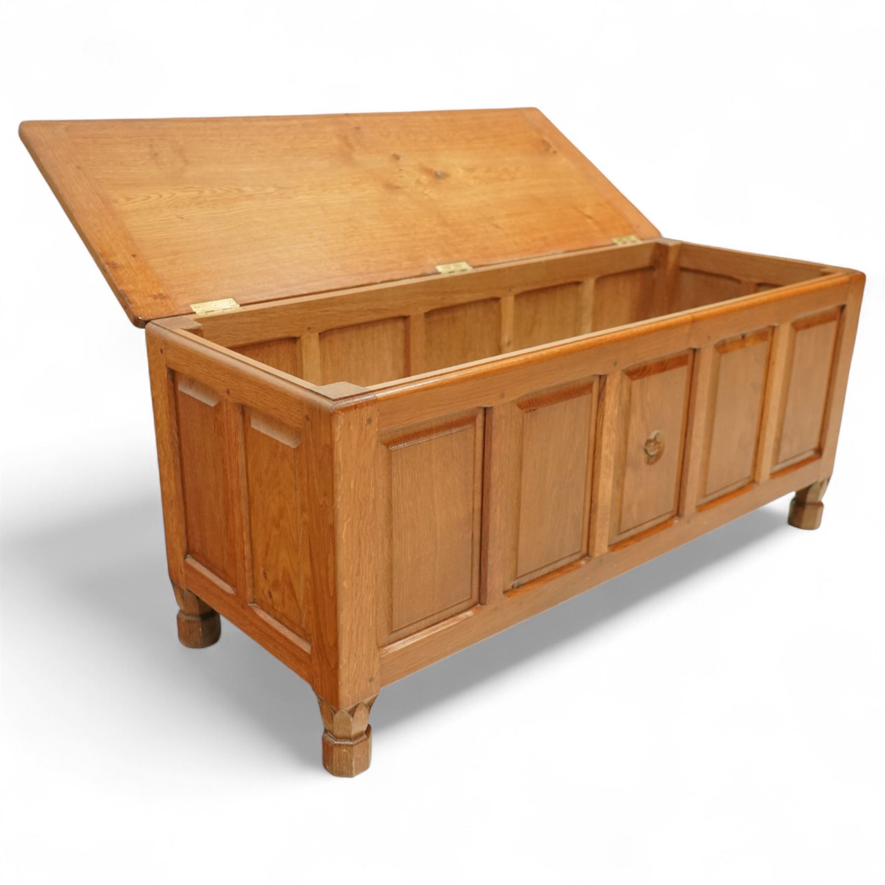 Wrenman - blanket chest, double hinged top, with signature Wren carving from the workshop of Robert Hunter