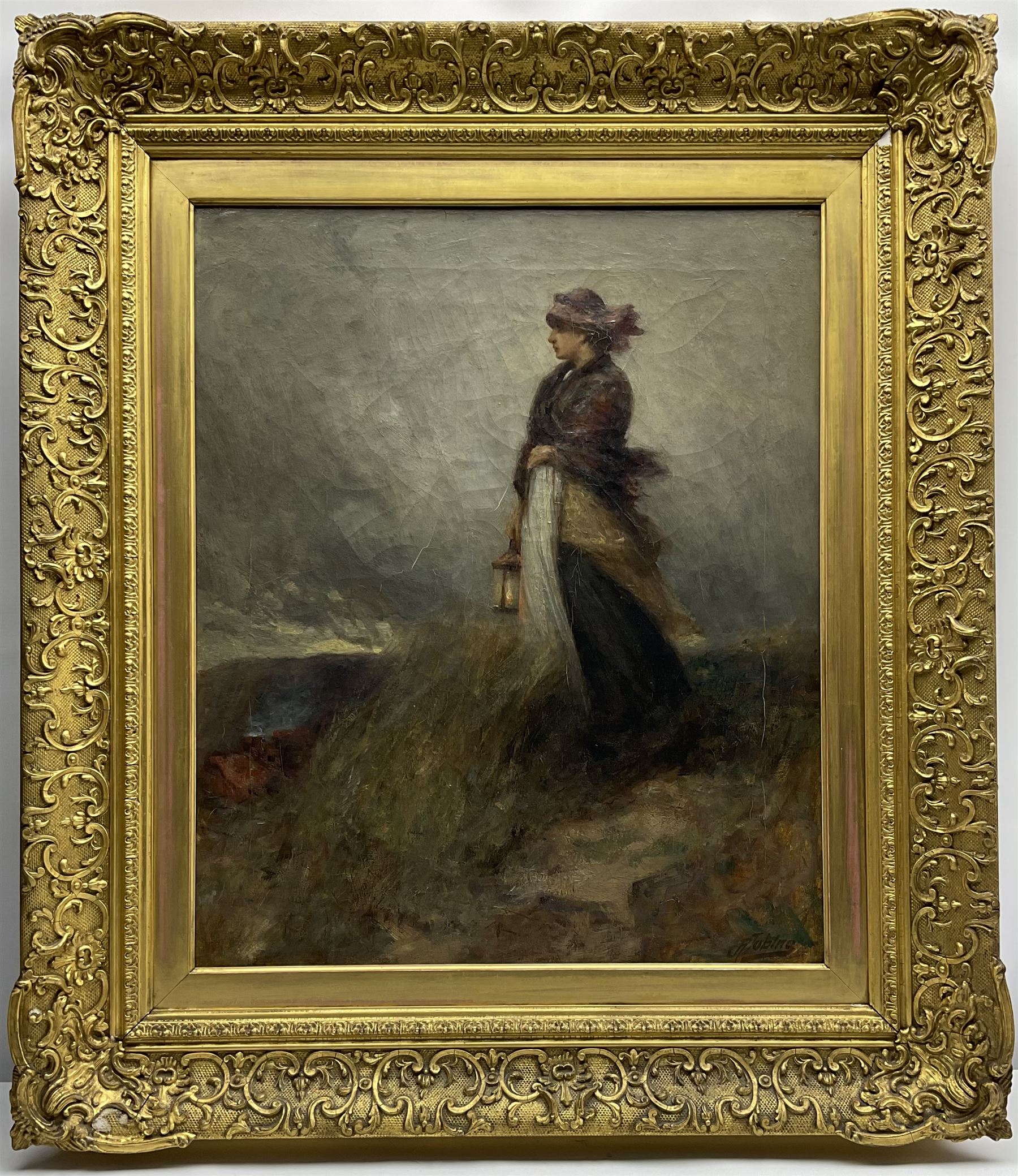 Robert Jobling (Staithes Group 1841-1923): Fisher Girl standing on the Lookout Staithes, oil on canvas signed 60cm x 50cm