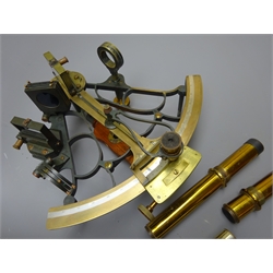  Early 20th century 'Hezzanith' Sextant No.P32, made for W.Hakes, Hull, the black japanned skeleton bell frame with brass and silvered arc, 7'' radius with vernier showing 10, with mirrors and adjustable shades, stamped Rd.517155 for 1908, in fitted mahogany box with additional optics and Hezzanith Observatory Works certificate dated 1917, top inset with brass cartouche inscribed 'Capt. E J Baines 1955'. Captain Baines was captain of  Drilling Ship Western Offshore No.VIII, see lot 2044.  