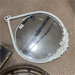 Convex circular gilt wall mirror, rectangular mirror with applied floral decoration and another wall mirror