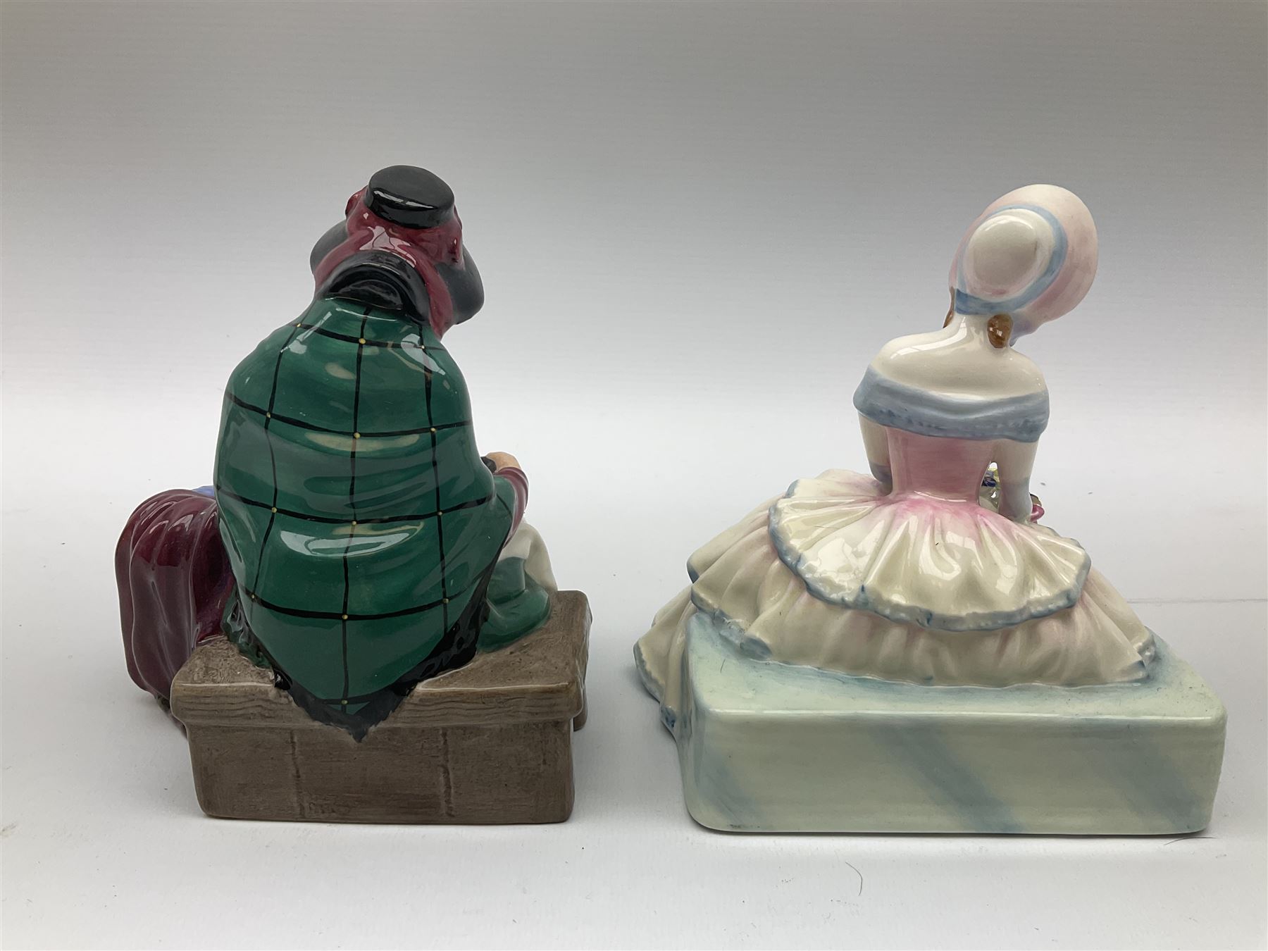 Group of figures, comprising six Royal Doulton examples, Daydreams HN1731, Silks and Ribbons HN2017, Tom Sawyer HN2926, Marie HN1370, Bo-Peep HN1811, and Tinkle Bell HN1677, together with a Dresden type 'lace' example, and a Coalport 'Swiss Cottage', (8)