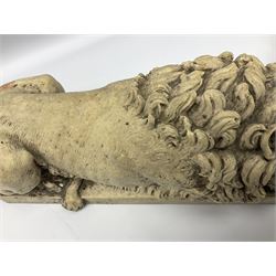 Two early 20th century reconstituted stone Grand Tour or Chatsworth House type lions after Antonio Canova, each modelled in recumbent pose upon a rectangular plinth, signed to plinth Dilettanti, each approximately L31cm