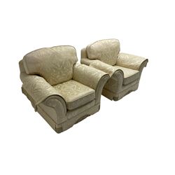 Two seat sofa (W187cm) and two matching armchairs (W112cm) upholstered in cream damask fabric