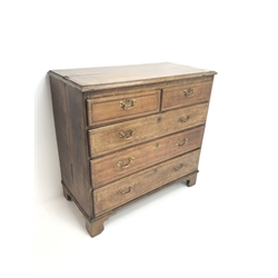  George III inlaid oak chest, two short and three long drawers, bracket supports, W112cm, H108cm, D56cm  