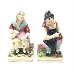  Pair of Staffordshire figures of the Cobbler Jobsons and His Wife Nell, Both Seated, H17.5cm   