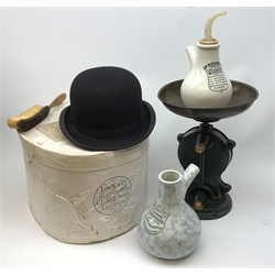 A boxed Lock & Co Hatters St James St London bowler hat, together with a set of Salters cast iron scales with circular brass dial inscribed 'Salters Improved Family Scale, No 50', an early 20th Century Improved Earthenware Inhaler manufactured by S Maw & Son, and a Dr Nelson's Improved Inhaler with stopper. 