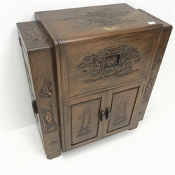  Eastern carved rosewood cocktail cabinet, double hinged lid enclosing mirrored back, four cupboard doors enclosing shelves, W74cm, H86cm, D37cm  