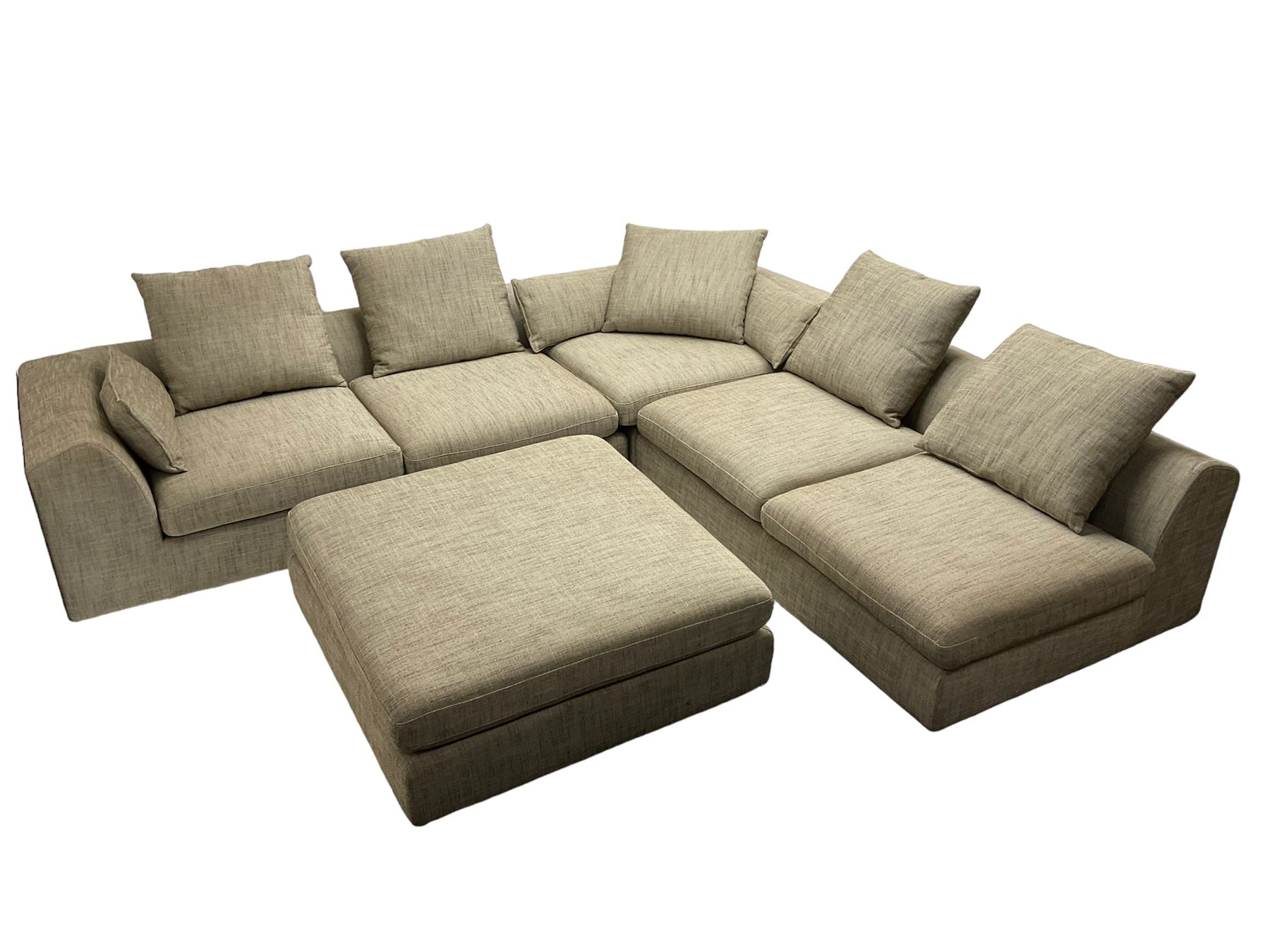 Contemporary corner sofa upholstered in grey fabric (310cm x 282cm); with matching rectangular footstool (110cm x 110cm)