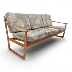 Peter Hvidt and Orla Mølgaard for France and Son - mid-20th century model FD130 teak framed three seater settee, foliate design loose cushion 