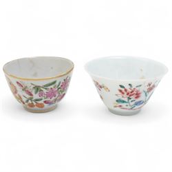 Group of eight 18th century and later Chinese famille rose and similar painted teabowls and dishes, to include unmarked peony cup, small cup decorated with flowers and butterfly, cup decorated with female figure gazing out of a window in a Buddhist temple with indistinct square character mark to base, pair of saucers unmarked, and others with character scenes unmarked (8)