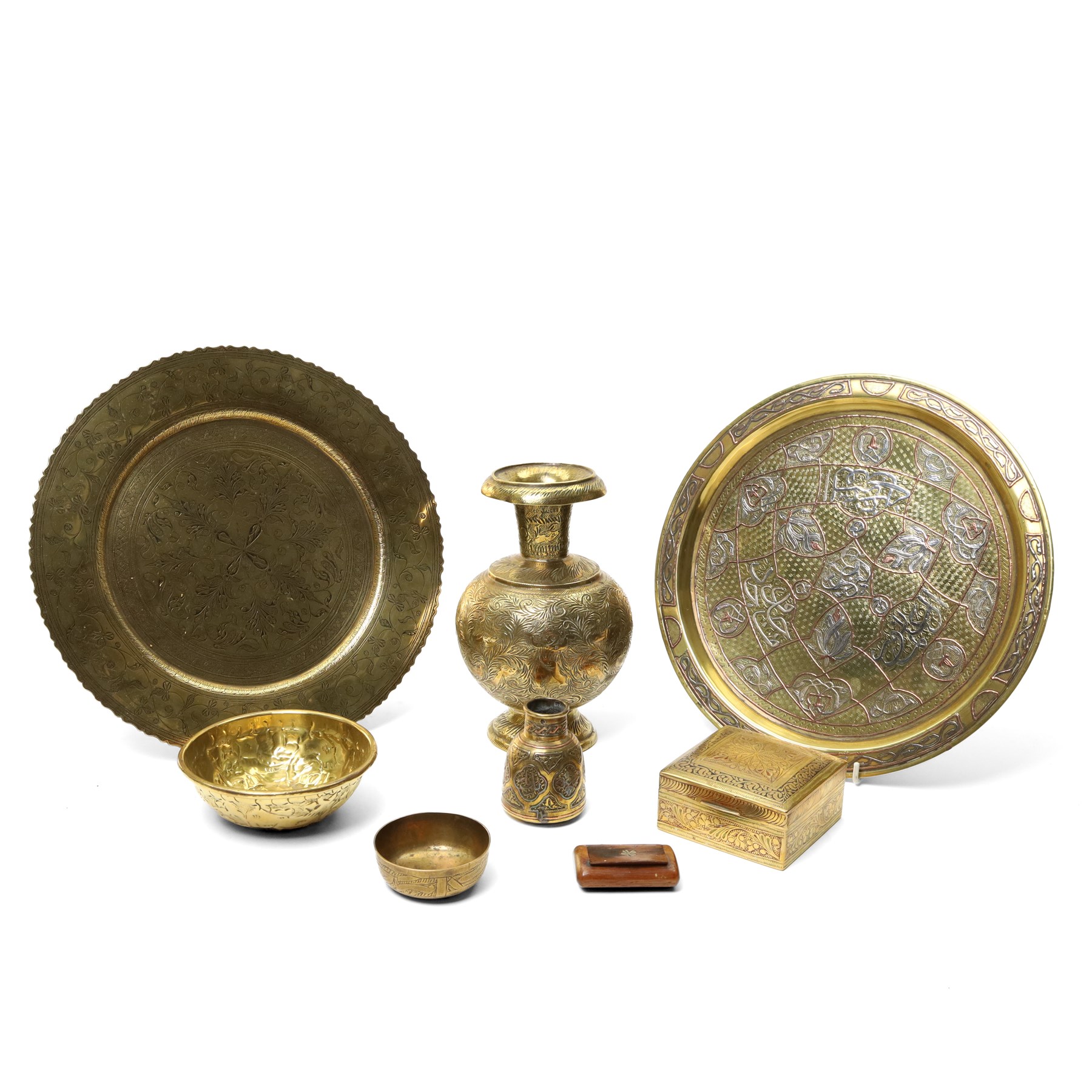 Collection of brassware, including a Cairoware platter and small vase, an Indian box and vase, and other small items (8)