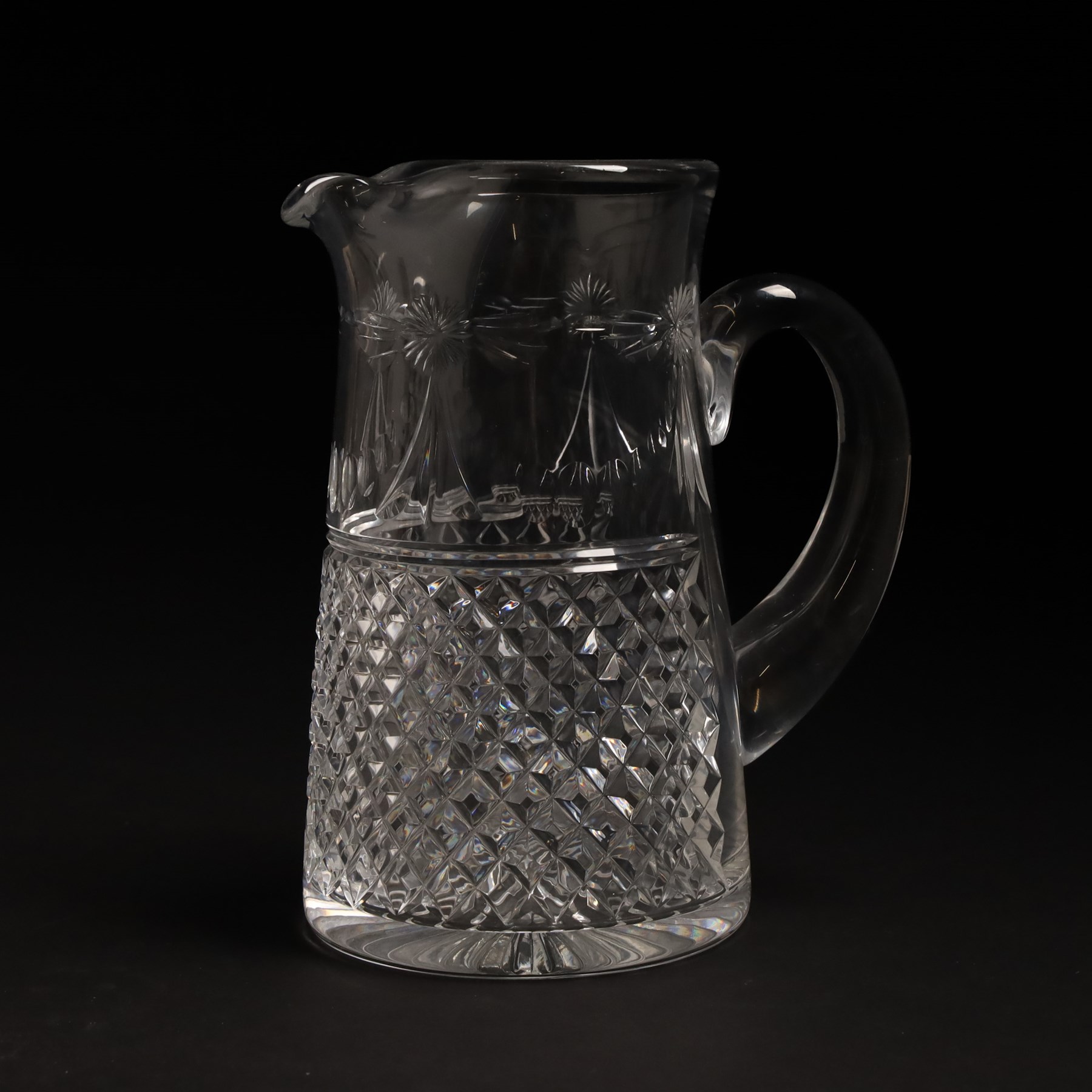 Stuart crystal Beaconsfield pattern claret jug with silver plated cover, matching water jug and pair of candlesticks