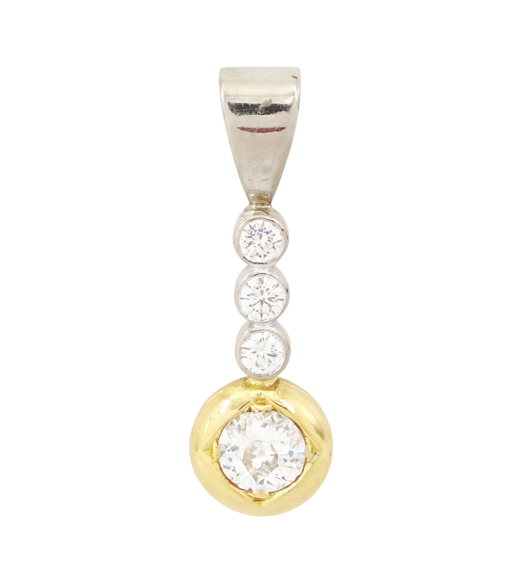 18ct gold diamond pendant, principal old cut diamond of approx 0.30 carat, set in yellow gold, suspending from three round brilliant cut diamonds, set in white gold, total diamond weight approx 0.50 carat