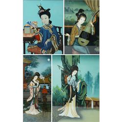 Set of four Chinese reverse glass paintings, of various sizes, Republic period, largest 58...