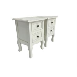 Pair white finish bedsides, fitted with two drawers on shaped supports